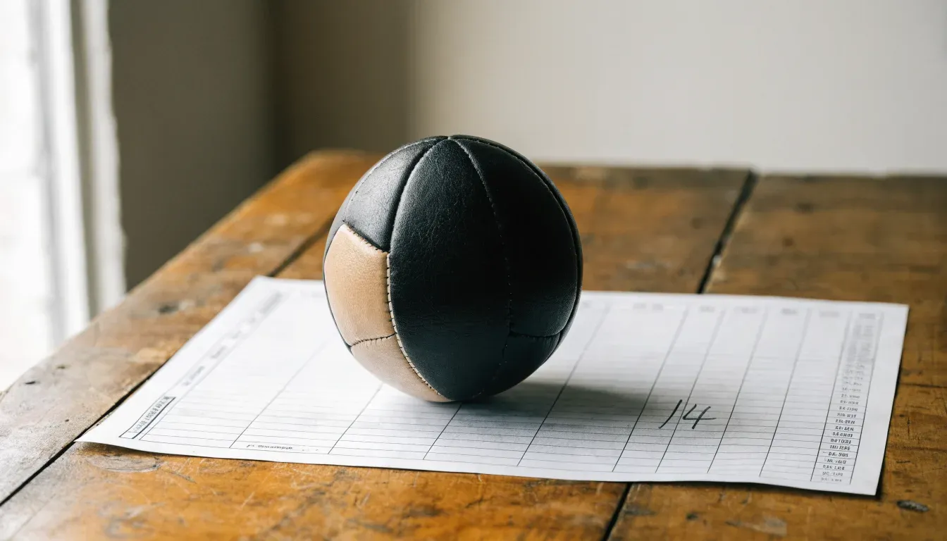 Un pallone da calcio appoggiato su una schedina bianca su un tavolo di legno, alla luce del giorno
