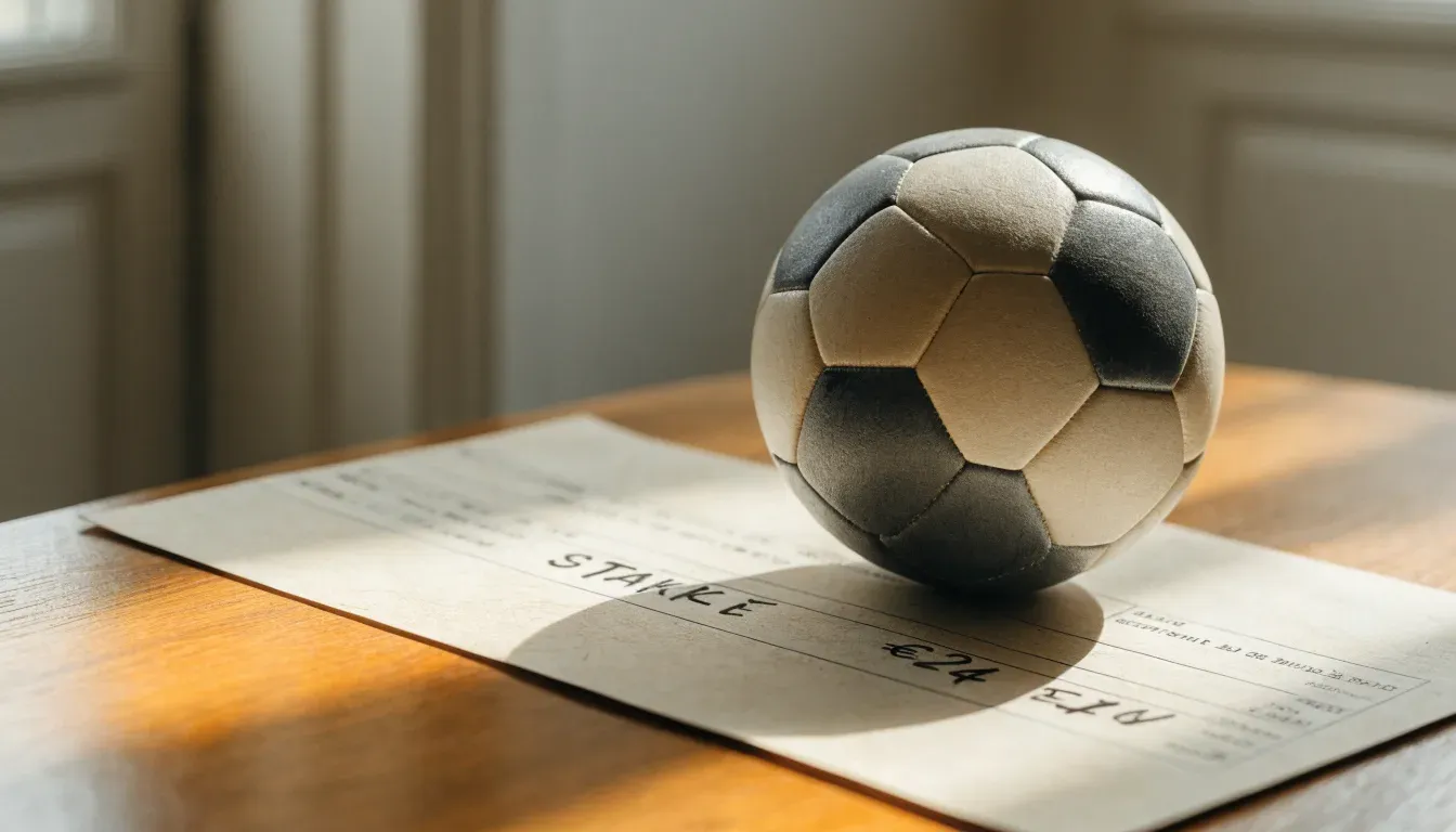 Un pallone da calcio appoggiato su una schedina bianca su un tavolo di legno, alla luce del giorno