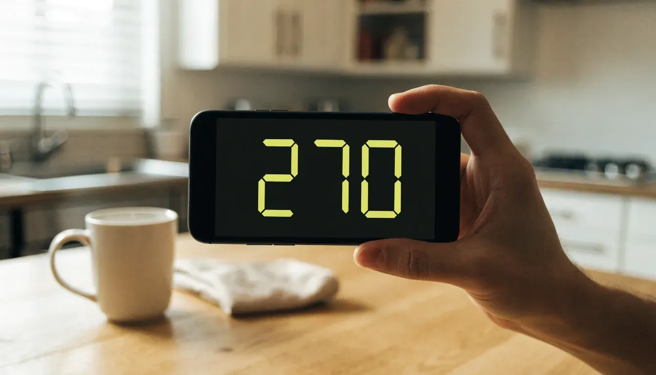 Un documento di identità appoggiato accanto a uno smartphone con un timer sullo schermo, su un tavolo da cucina