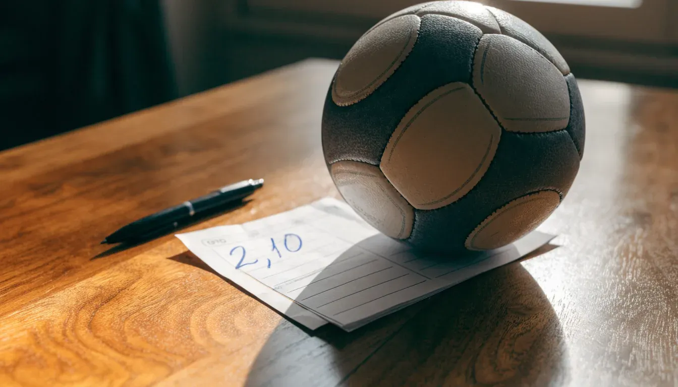 Un pallone da calcio appoggiato su una schedina bianca su un tavolo di legno, alla luce del giorno