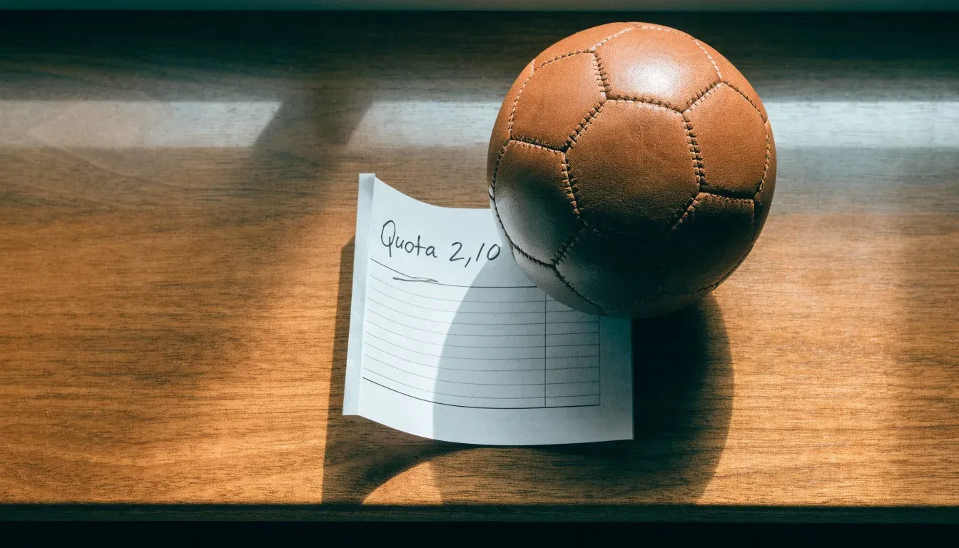 Un pallone da calcio appoggiato su una schedina bianca su un tavolo di legno, alla luce del giorno