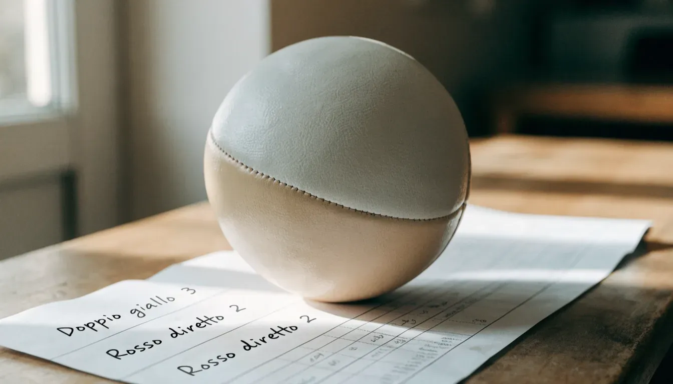 Un pallone da calcio appoggiato su una schedina bianca su un tavolo di legno, alla luce del giorno