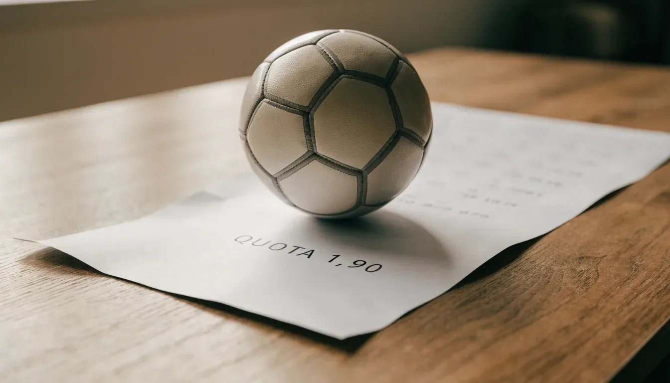 Un pallone da calcio appoggiato su una schedina bianca su un tavolo di legno, alla luce del giorno