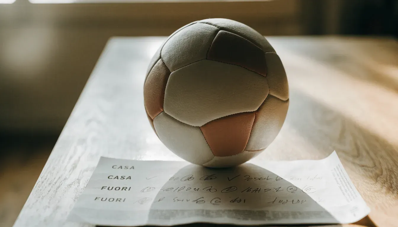 Un pallone da calcio appoggiato su una schedina bianca su un tavolo di legno, alla luce del giorno