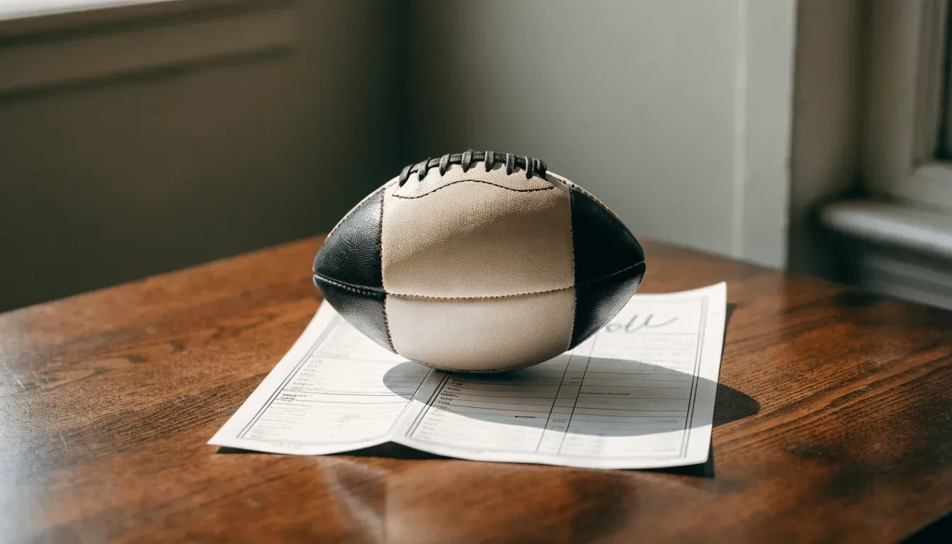 Un pallone da calcio appoggiato su una schedina bianca su un tavolo di legno, alla luce del giorno