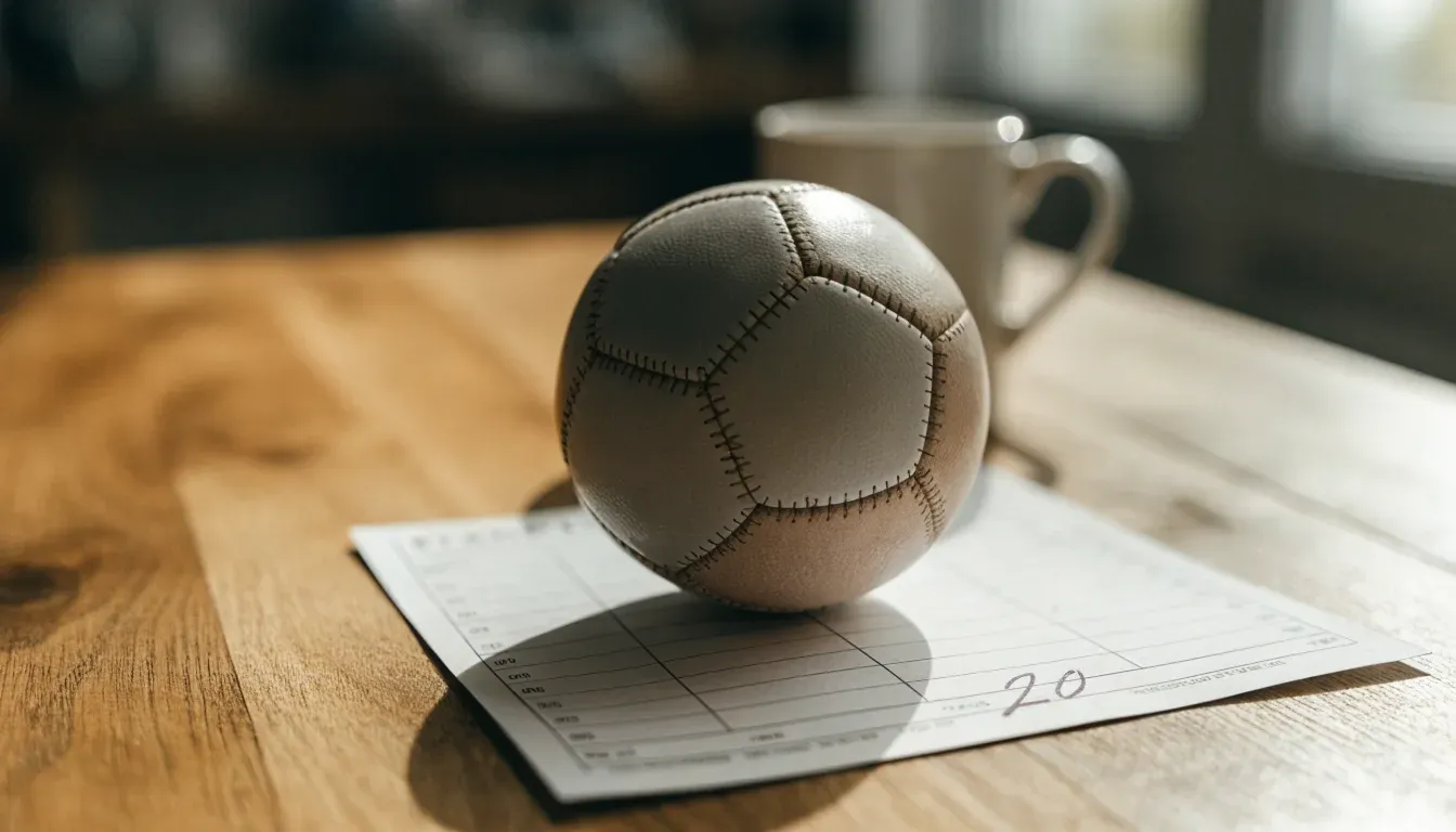 Un pallone da calcio appoggiato su una schedina bianca su un tavolo di legno, alla luce del giorno