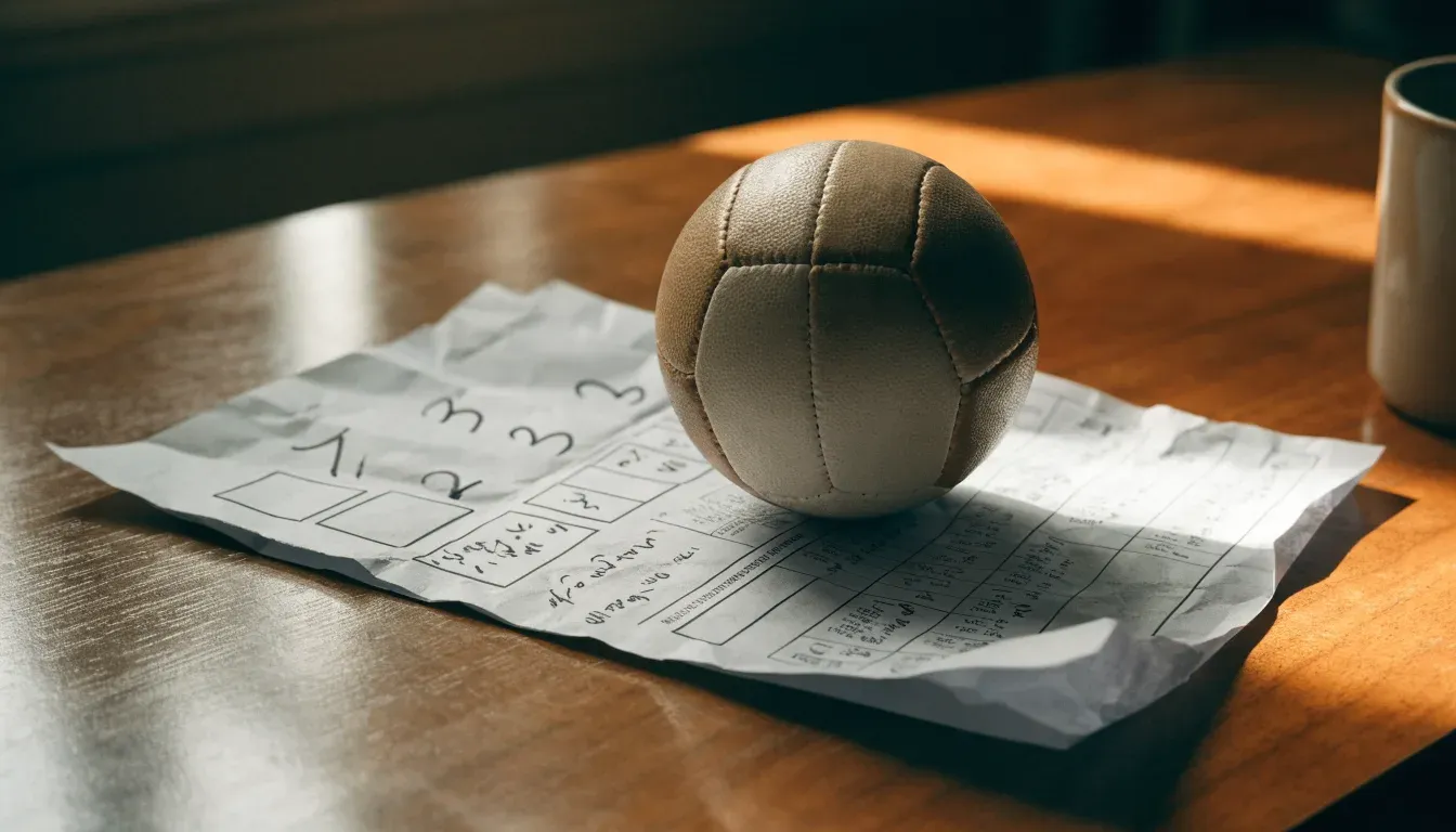 Un pallone da calcio appoggiato su una schedina bianca su un tavolo di legno, alla luce del giorno