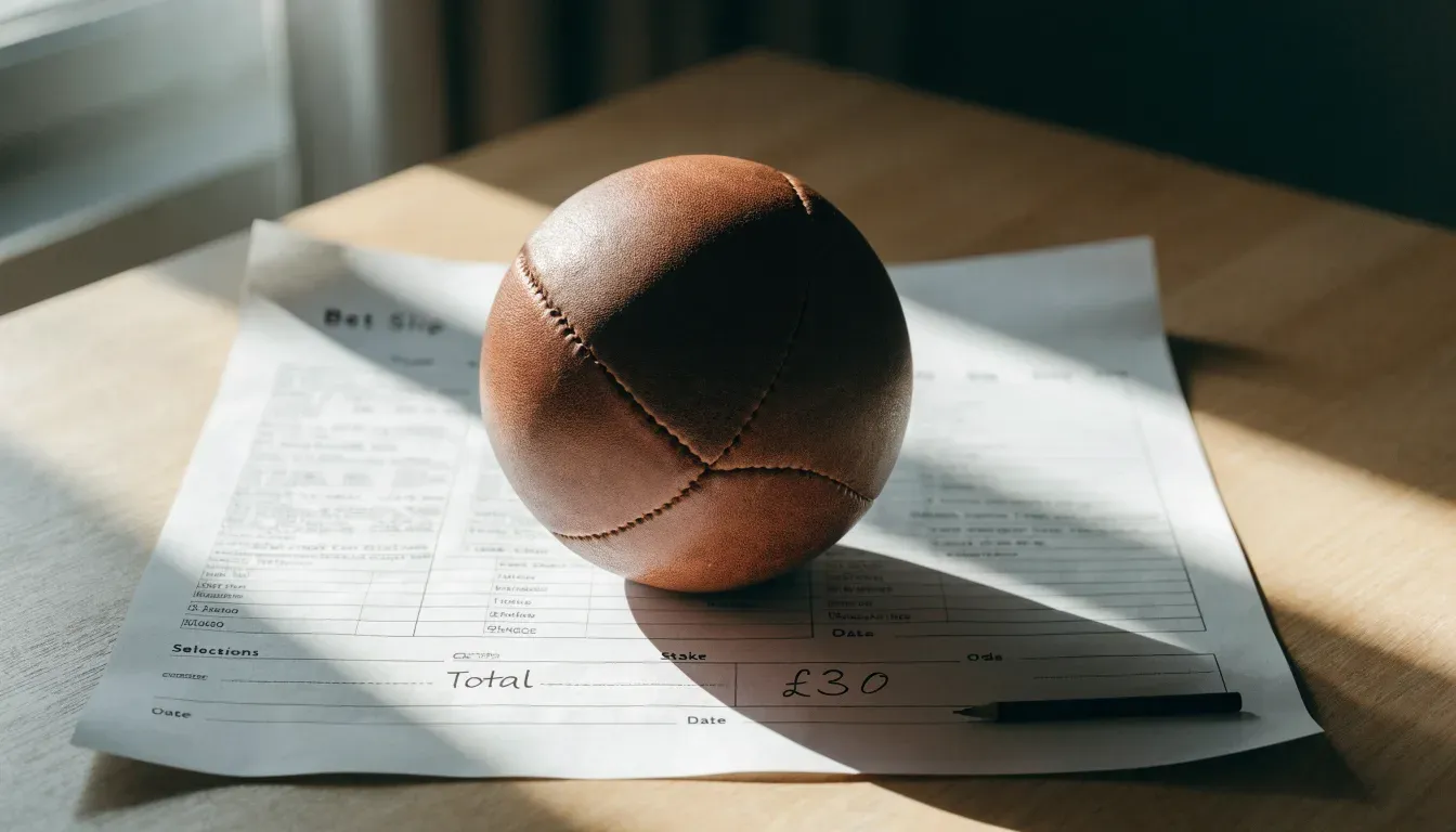 Un pallone da calcio appoggiato su una schedina bianca su un tavolo di legno, alla luce del giorno