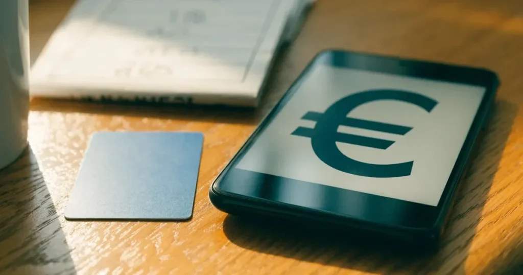 Uno smartphone e una carta di pagamento affiancati su un tavolo di legno, con alcune banconote da euro accanto