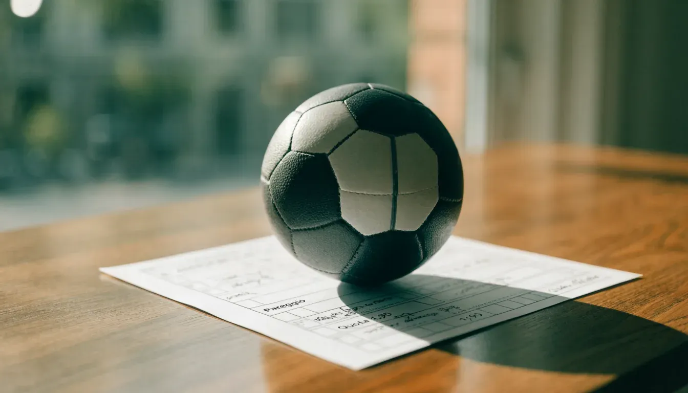 Un pallone da calcio appoggiato su una schedina bianca su un tavolo di legno, alla luce del giorno