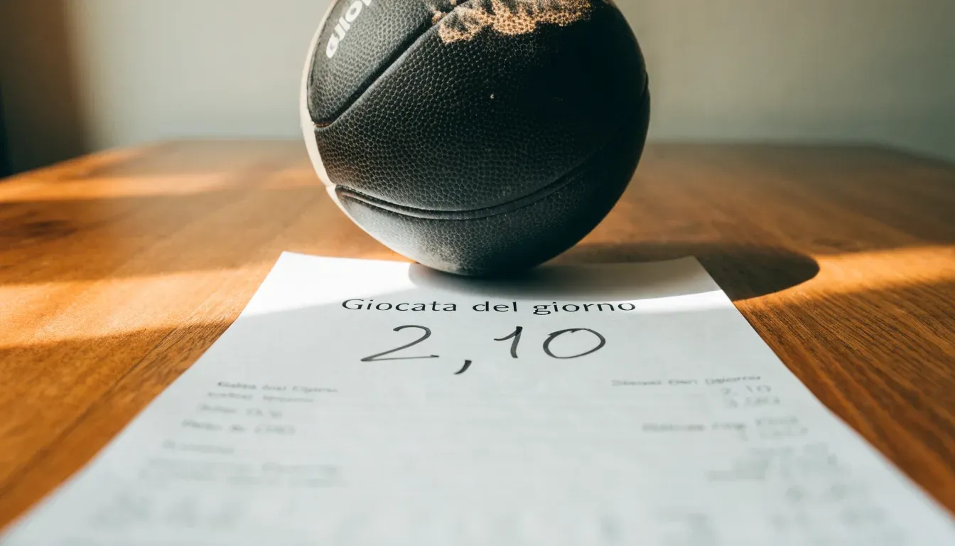 Un pallone da calcio appoggiato su una schedina bianca su un tavolo di legno, alla luce del giorno