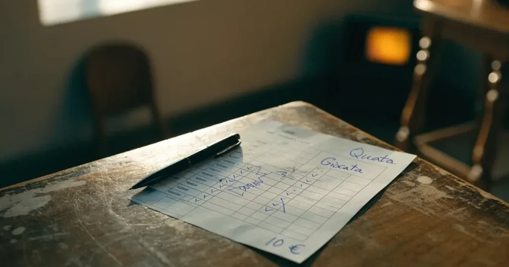 Una schedina con diverse selezioni segnate a penna su un bancone di legno