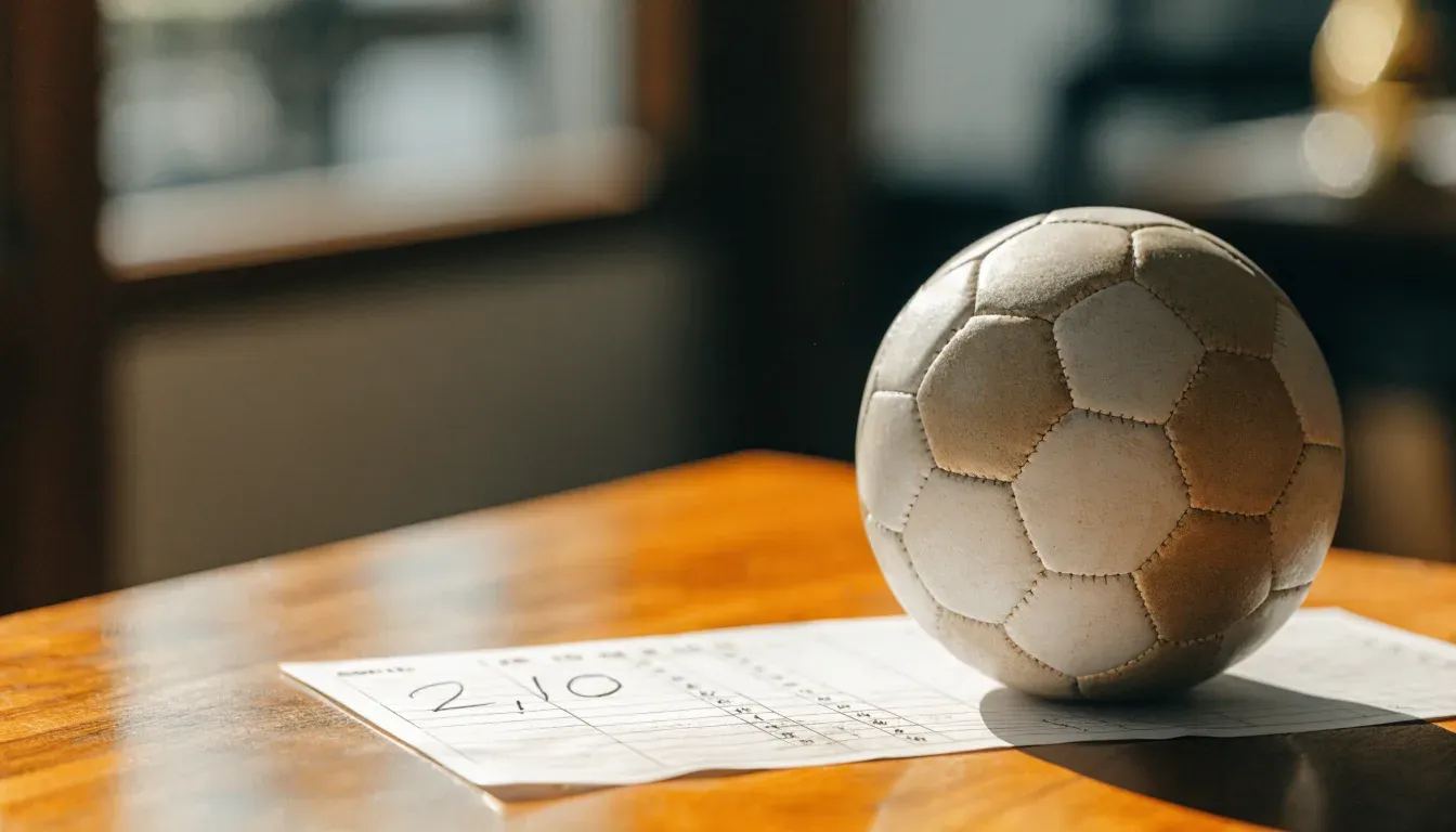 Un pallone da calcio appoggiato su una schedina bianca su un tavolo di legno, alla luce del giorno