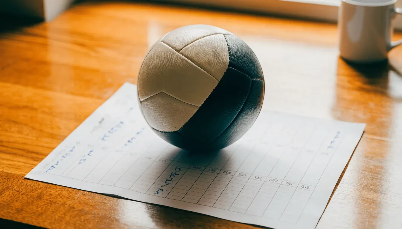 Un pallone da calcio appoggiato su una schedina bianca su un tavolo di legno, alla luce del giorno
