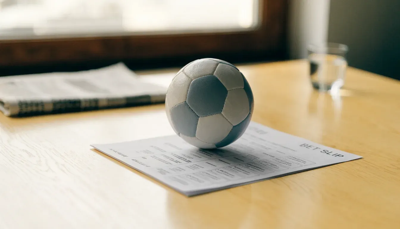 Un pallone da calcio appoggiato su una schedina bianca su un tavolo di legno, alla luce del giorno
