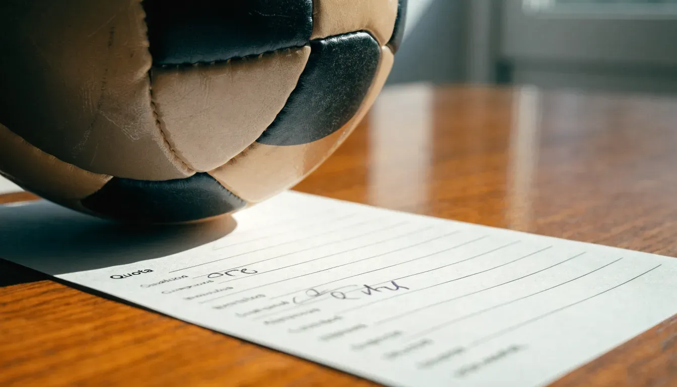 Un pallone da calcio appoggiato su una schedina bianca su un tavolo di legno, alla luce del giorno