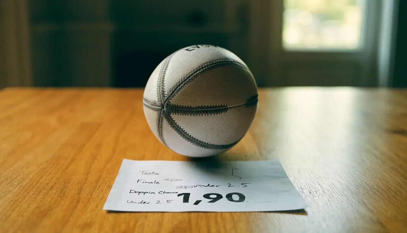 Un pallone da calcio appoggiato su una schedina bianca su un tavolo di legno, alla luce del giorno
