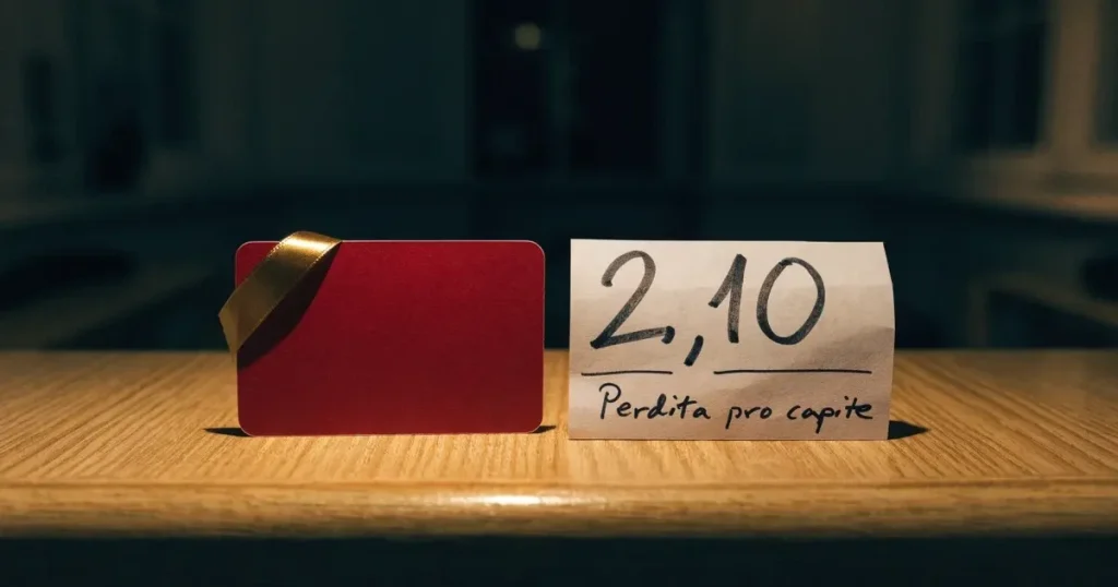 Un biglietto regalo con un nastro dorato accanto a una schedina su un bancone di legno