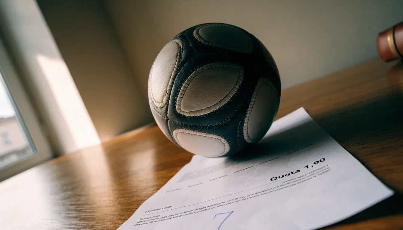 Un pallone da calcio appoggiato su una schedina bianca su un tavolo di legno, alla luce del giorno