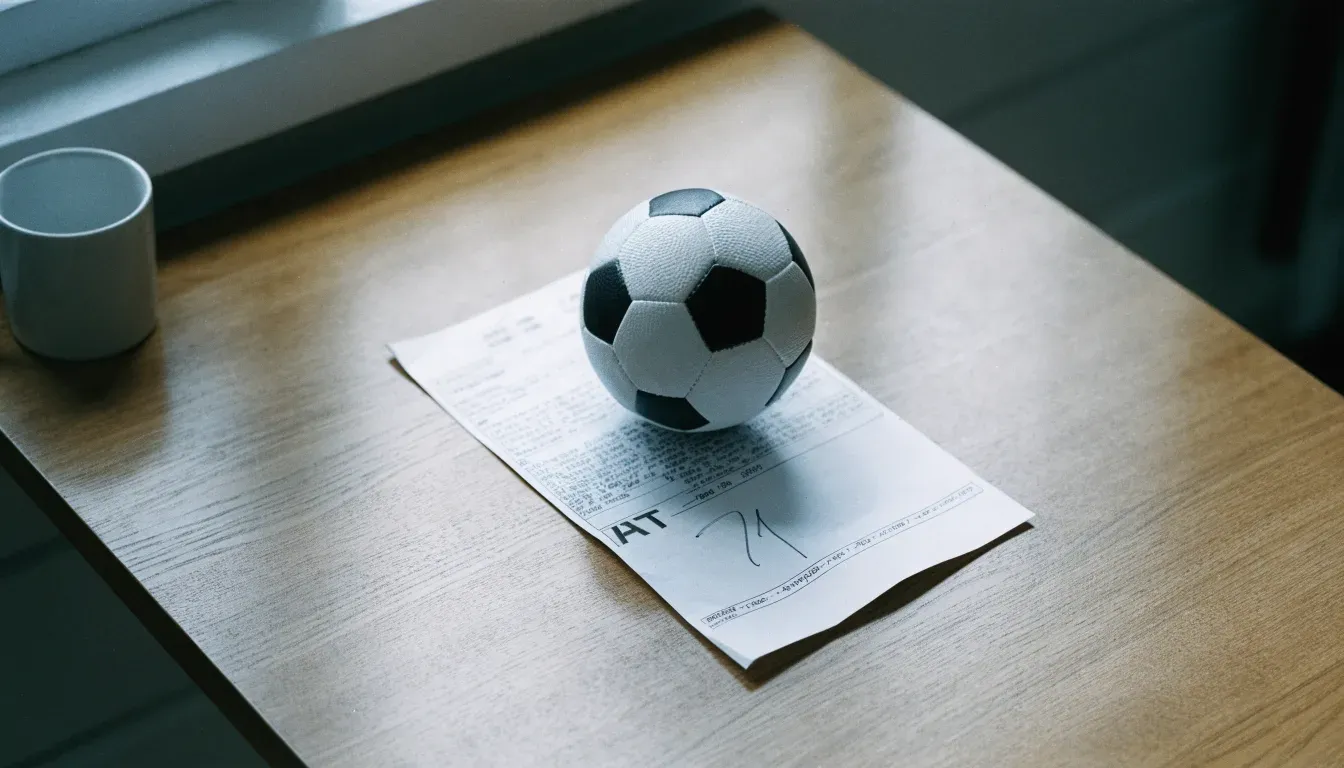 Un pallone da calcio appoggiato su una schedina bianca su un tavolo di legno, alla luce del giorno
