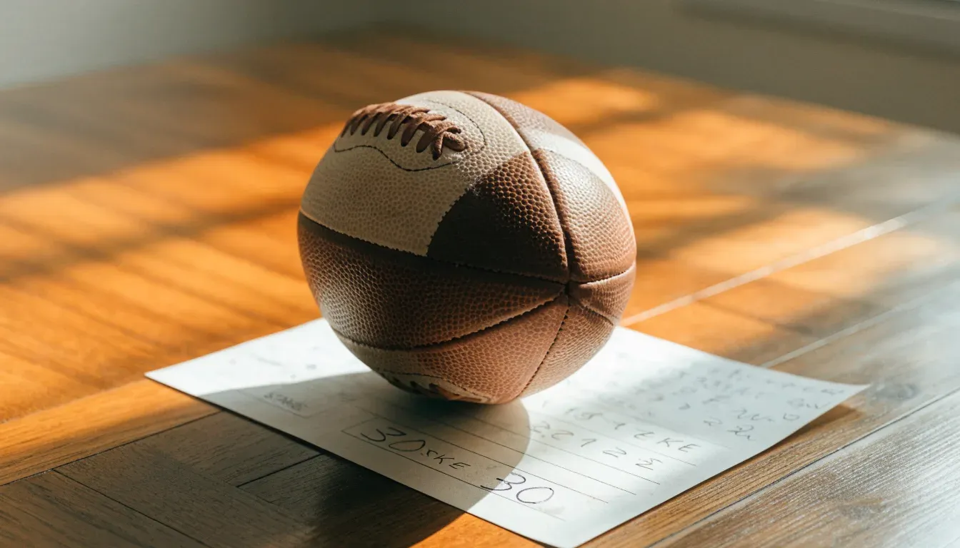 Un pallone da calcio appoggiato su una schedina bianca su un tavolo di legno, alla luce del giorno
