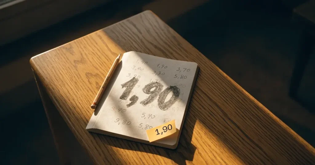 Un quaderno aperto con quote scritte a mano, una calcolatrice e una matita su un tavolo di legno