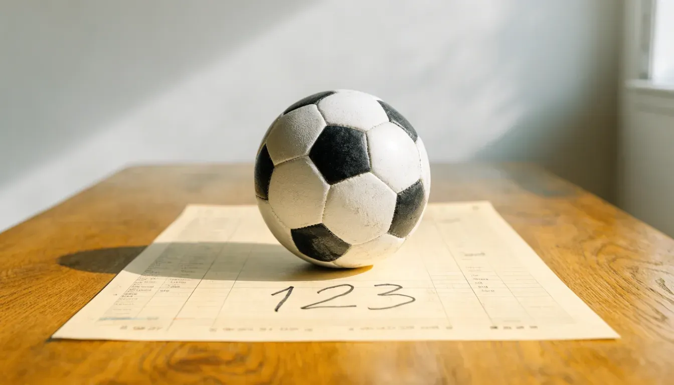 Un pallone da calcio appoggiato su una schedina bianca su un tavolo di legno, alla luce del giorno