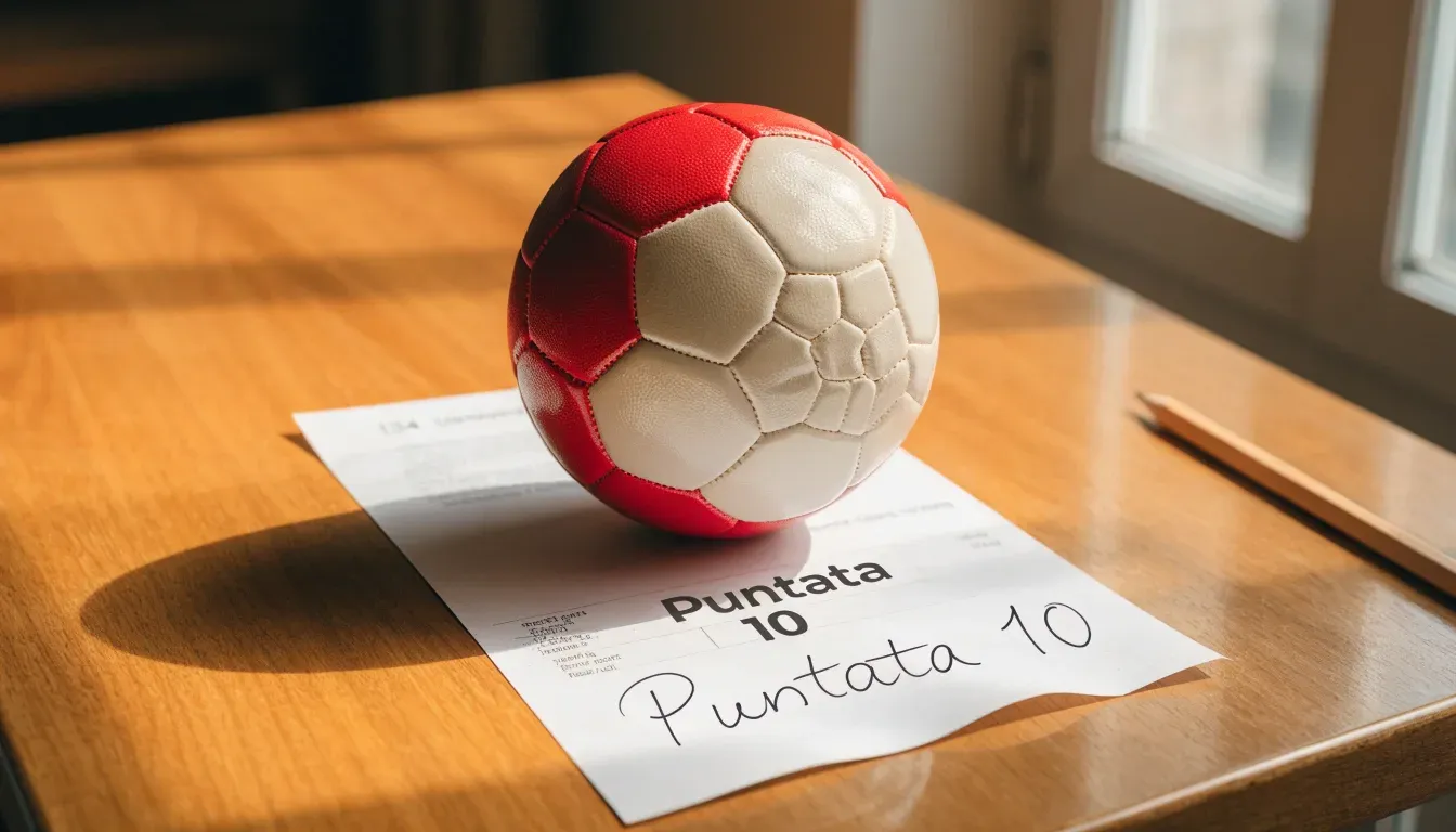 Un pallone da calcio appoggiato su una schedina bianca su un tavolo di legno, alla luce del giorno
