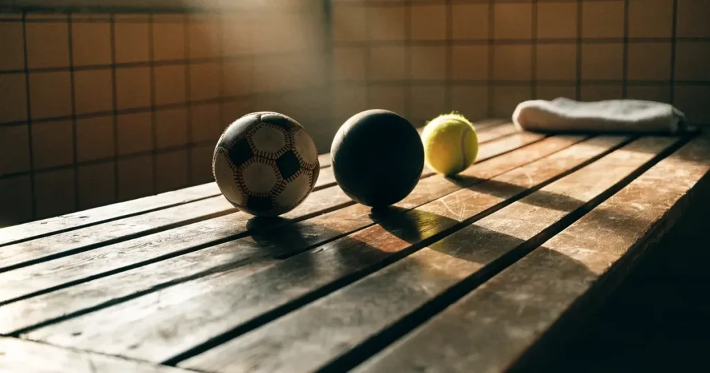 Tre palloni di sport diversi allineati uno accanto all'altro su una panca di legno