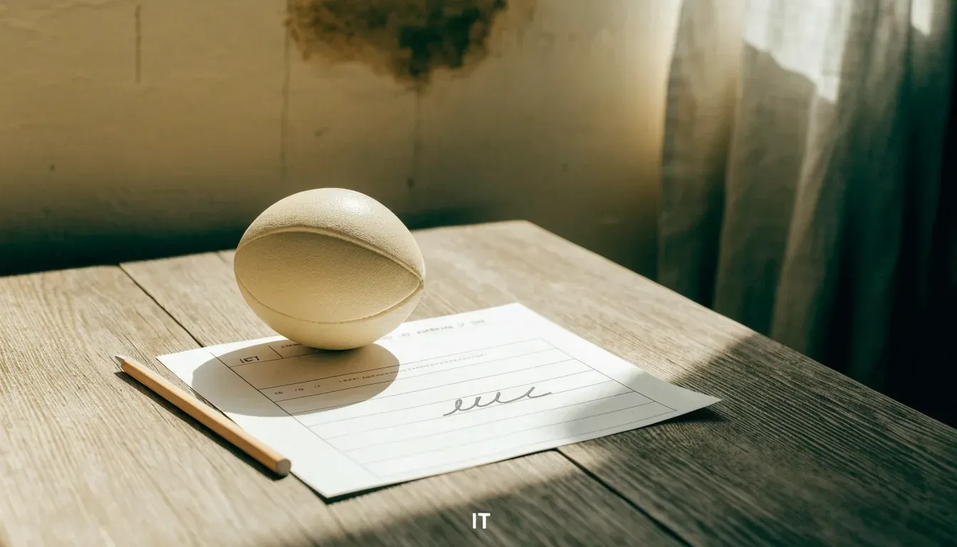 Un pallone da calcio appoggiato su una schedina bianca su un tavolo di legno, alla luce del giorno