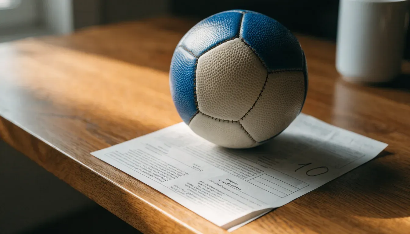 Un pallone da calcio appoggiato su una schedina bianca su un tavolo di legno, alla luce del giorno