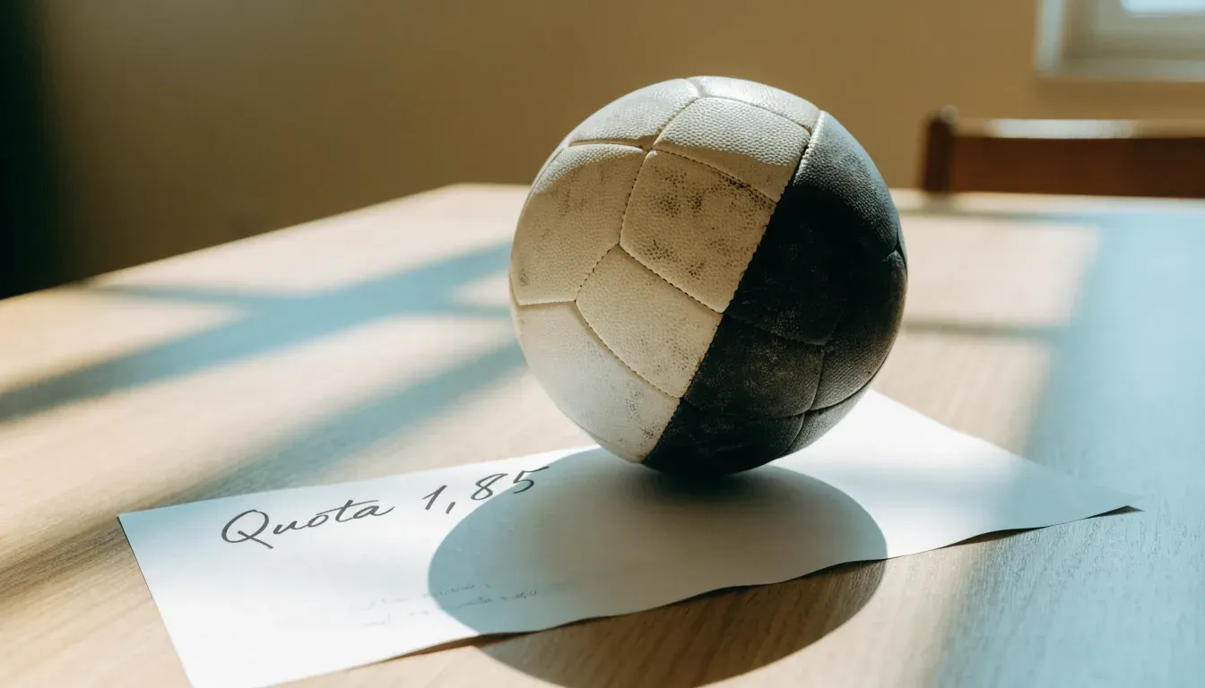 Un pallone da calcio appoggiato su una schedina bianca su un tavolo di legno, alla luce del giorno