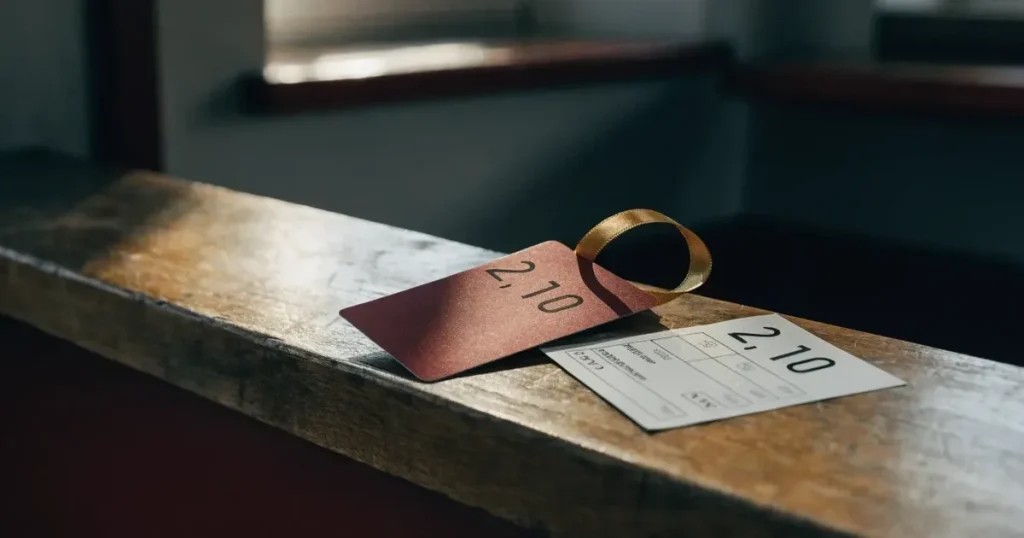 Un biglietto regalo con un nastro dorato accanto a una schedina su un bancone di legno