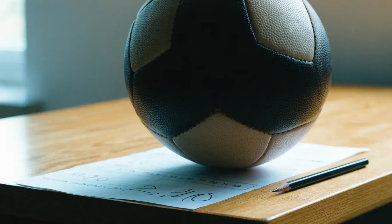 Un pallone da calcio appoggiato su una schedina bianca su un tavolo di legno, alla luce del giorno