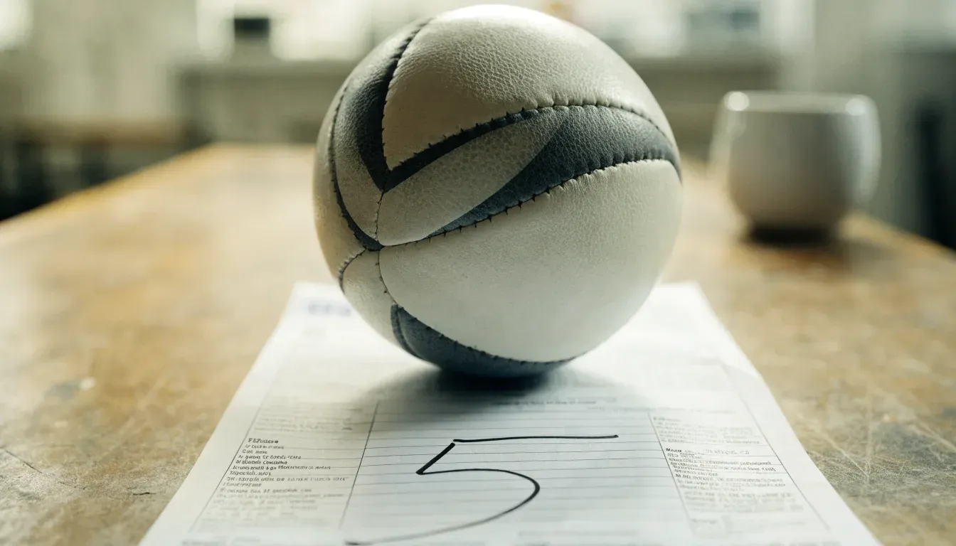 Un pallone da calcio appoggiato su una schedina bianca su un tavolo di legno, alla luce del giorno