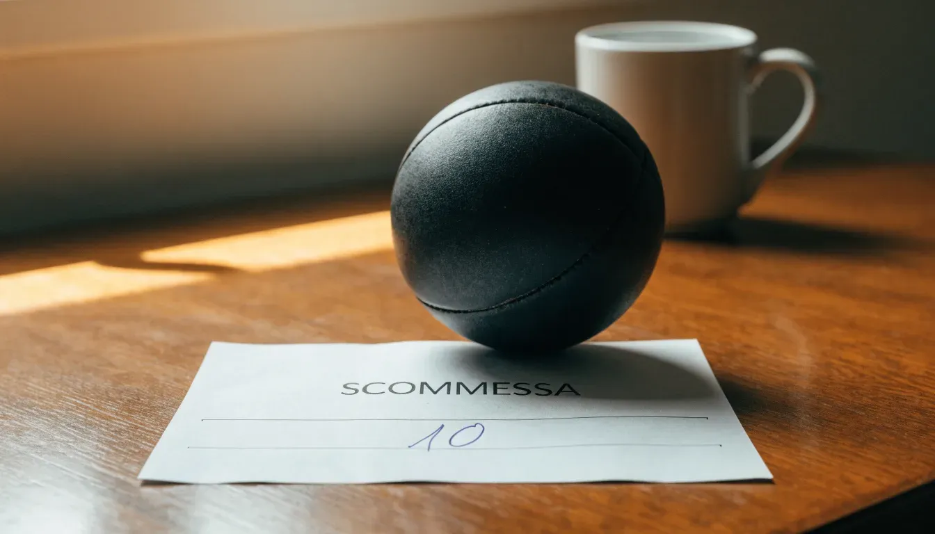 Un pallone da calcio appoggiato su una schedina bianca su un tavolo di legno, alla luce del giorno