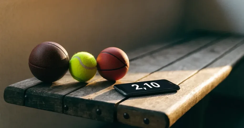Tre palloni di sport diversi allineati uno accanto all'altro su una panca di legno