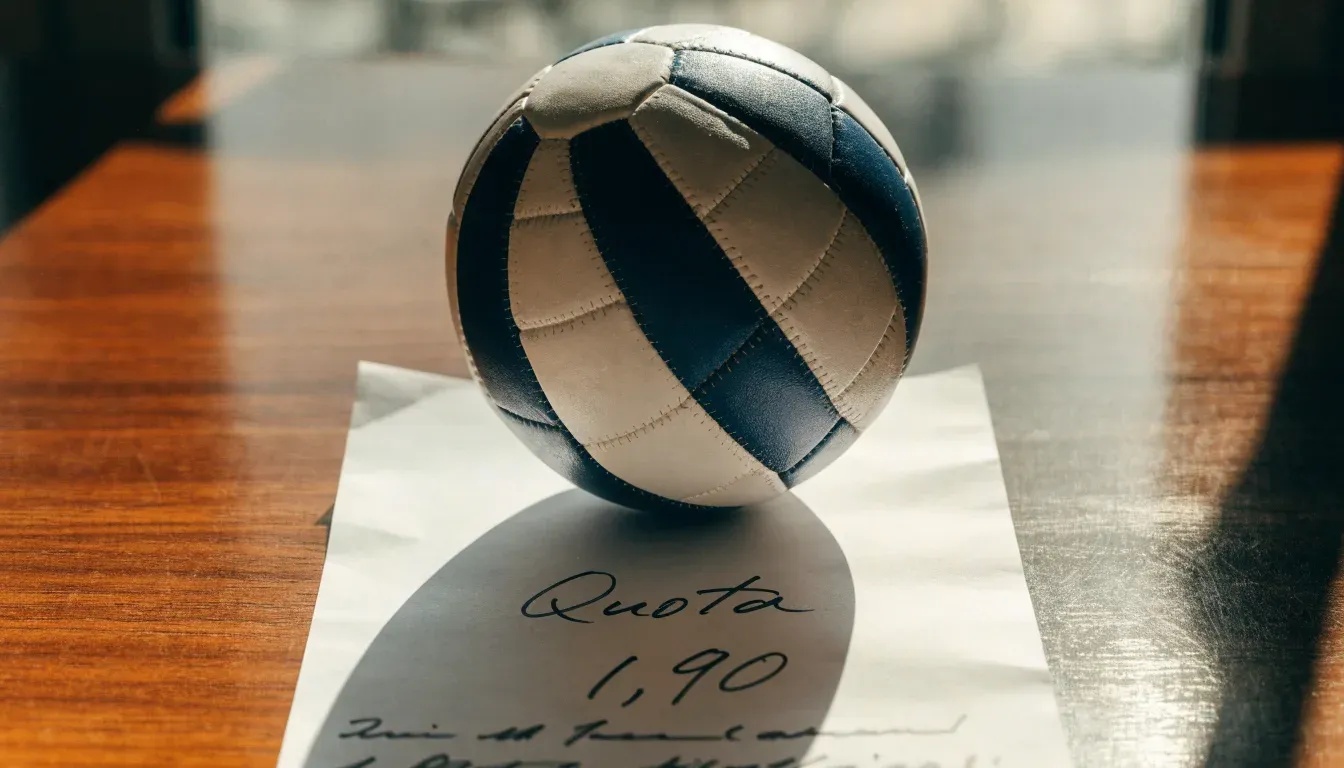 Un pallone da calcio appoggiato su una schedina bianca su un tavolo di legno, alla luce del giorno