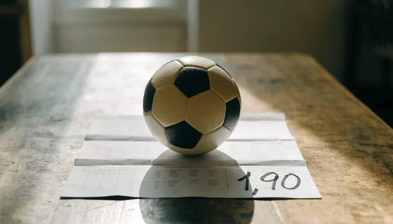 Un pallone da calcio appoggiato su una schedina bianca su un tavolo di legno, alla luce del giorno