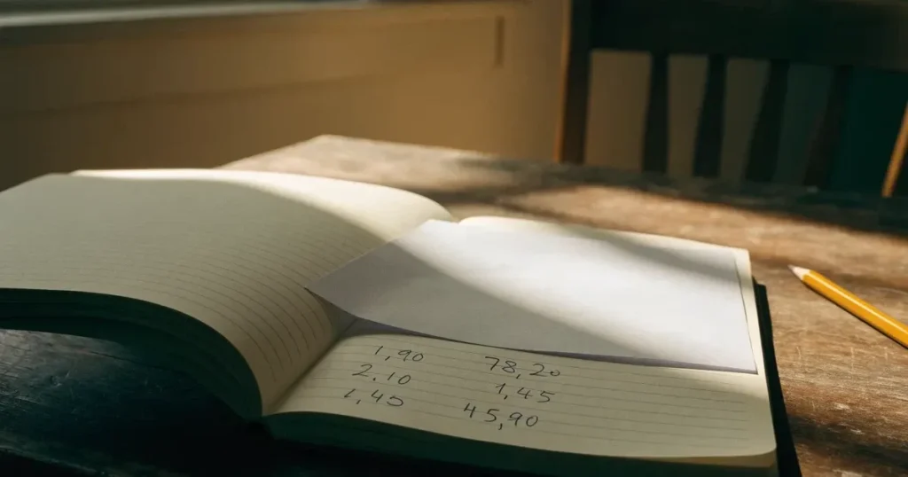 Un quaderno aperto con quote scritte a mano, una calcolatrice e una matita su un tavolo di legno