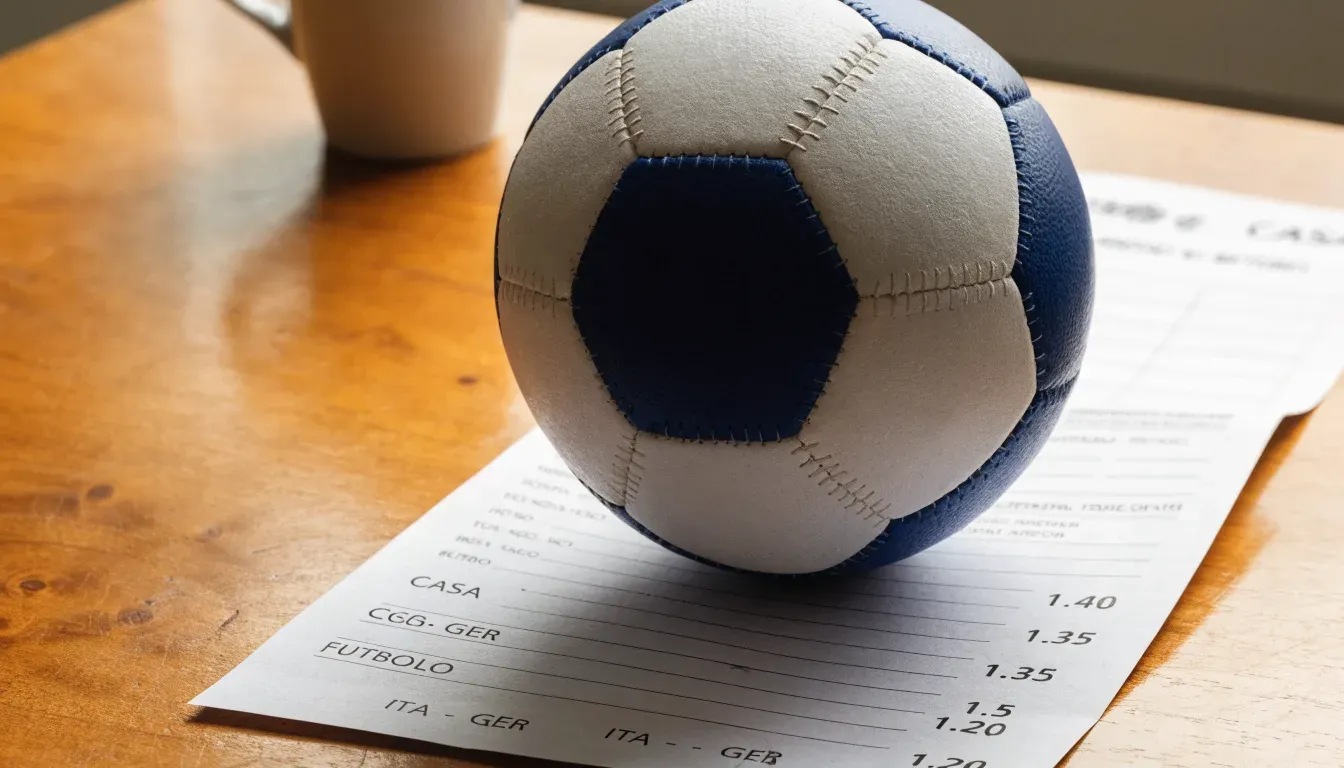 Un pallone da calcio appoggiato su una schedina bianca su un tavolo di legno, alla luce del giorno