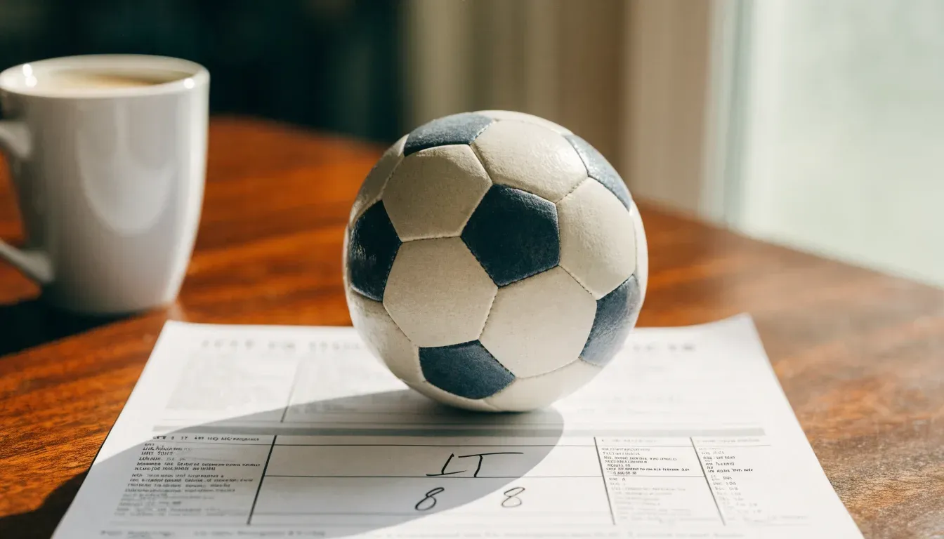 Un pallone da calcio appoggiato su una schedina bianca su un tavolo di legno, alla luce del giorno