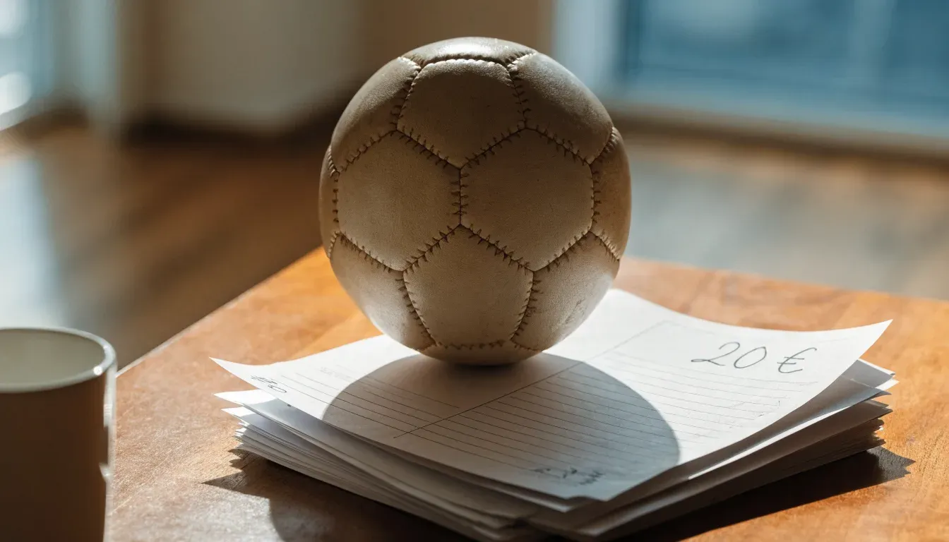 Un pallone da calcio appoggiato su una schedina bianca su un tavolo di legno, alla luce del giorno