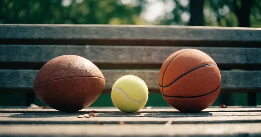 Tre palloni di sport diversi allineati uno accanto all'altro su una panca di legno