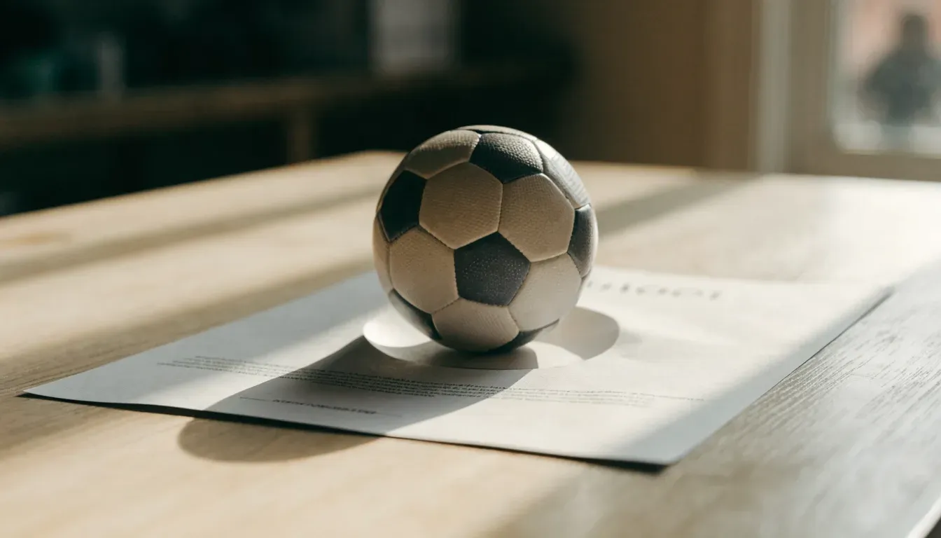 Un pallone da calcio appoggiato su una schedina bianca su un tavolo di legno, alla luce del giorno