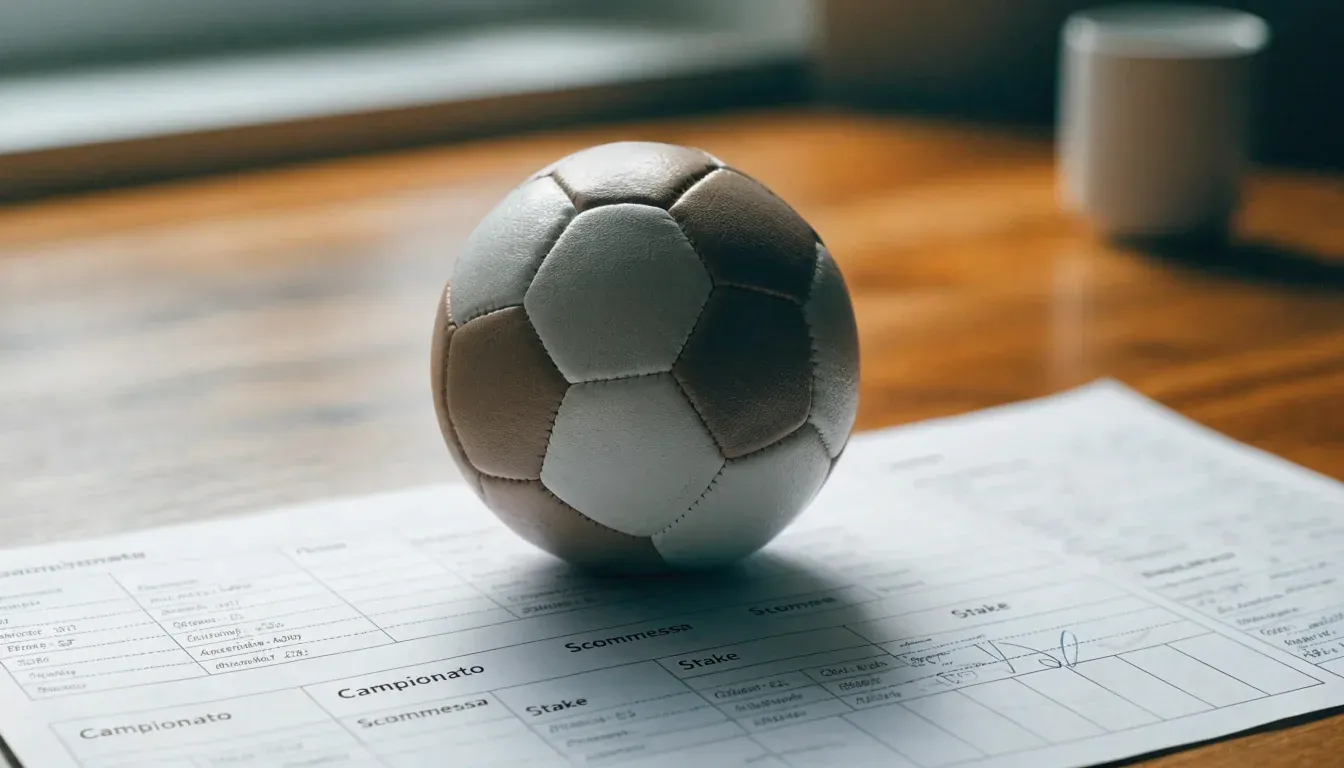 Un pallone da calcio appoggiato su una schedina bianca su un tavolo di legno, alla luce del giorno