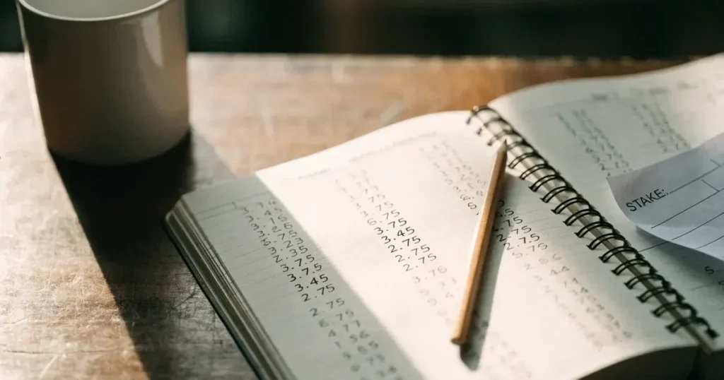 Un quaderno aperto con quote scritte a mano, una calcolatrice e una matita su un tavolo di legno
