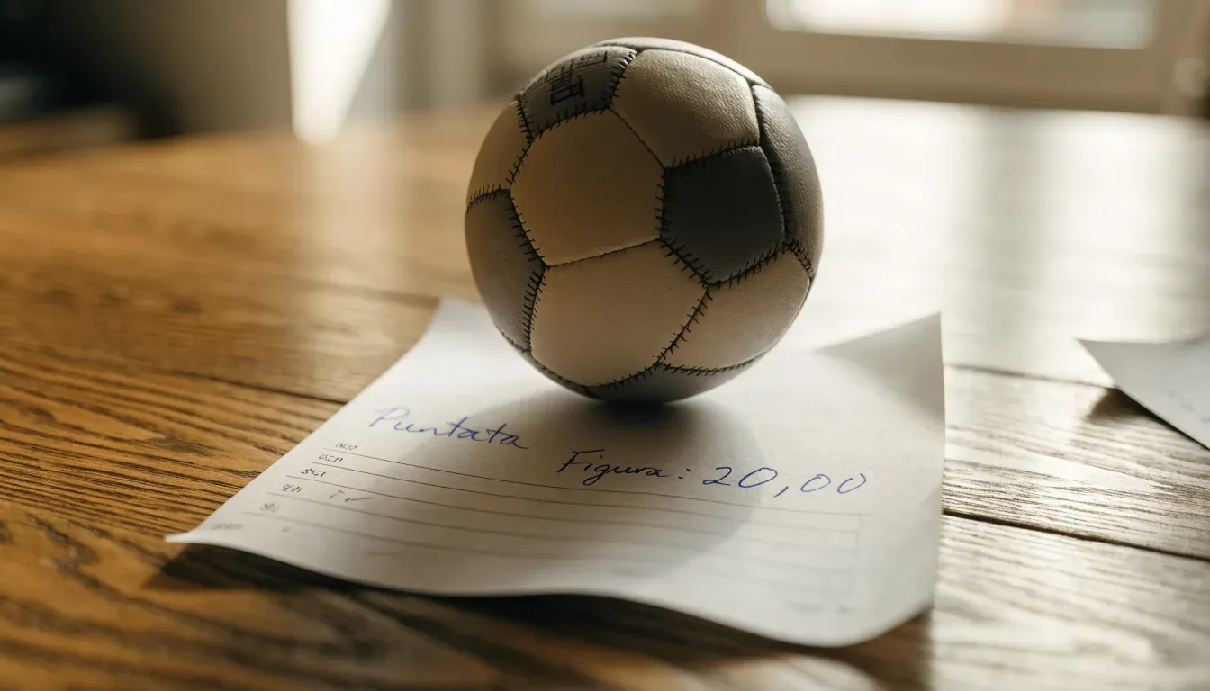 Un pallone da calcio appoggiato su una schedina bianca su un tavolo di legno, alla luce del giorno