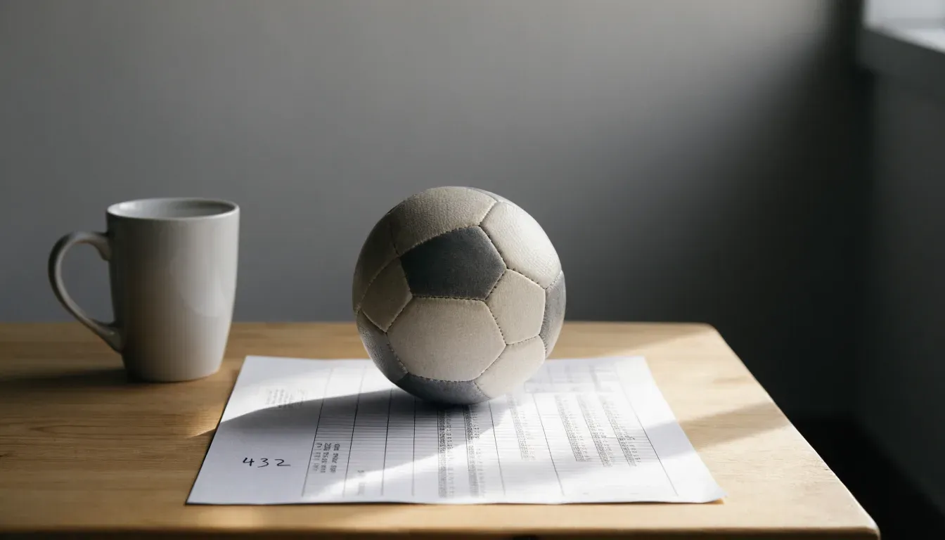 Un pallone da calcio appoggiato su una schedina bianca su un tavolo di legno, alla luce del giorno