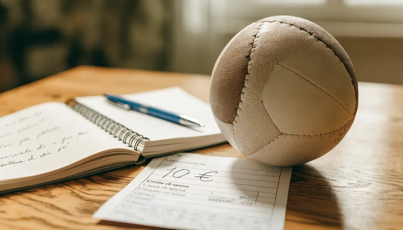 Un pallone da calcio appoggiato su una schedina bianca su un tavolo di legno, alla luce del giorno